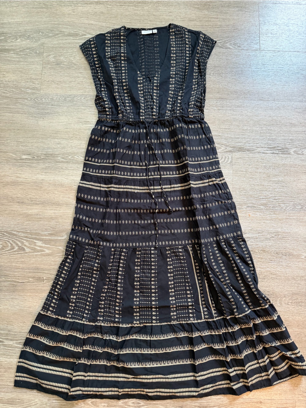 Vila Black and Tan Patterned Maxi Dress with Drawstring Waist